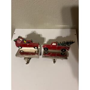 Set of Two Christmas truck shelf, stocking holders metal